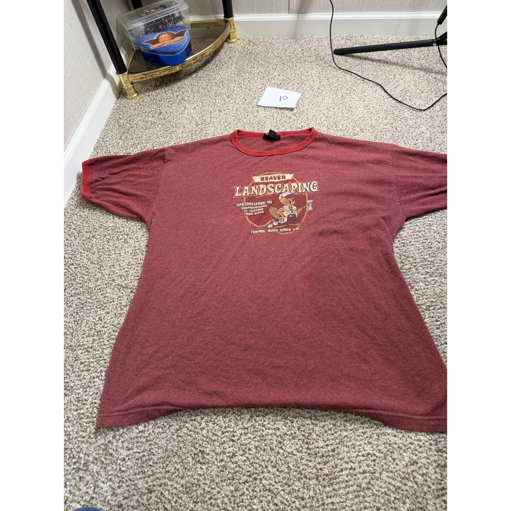 Rue21 Beaver Landscaping Ringer Tee Maroon Red Graphic T-Shirt XL Humorous